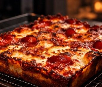 A square Detroit-style pizza with crispy cheese edges