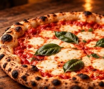 A Neapolitan pizza with basil and a charred crust